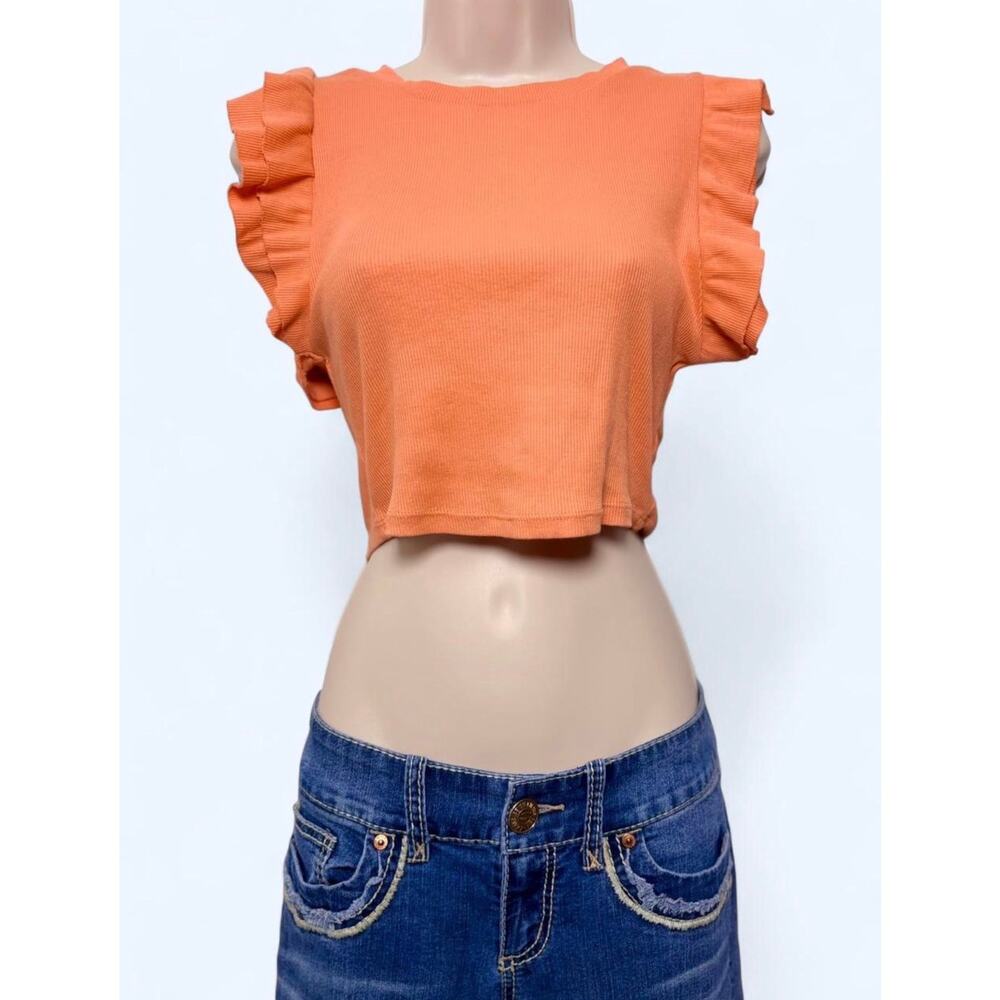 Orange Ruffle Cap Sleeve Fairycore Ribbed Knit Crop Top